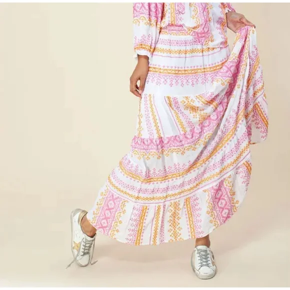 HALE BOB Piera GAUZE EMBROIDERED White + Pink Tiered MAXI SKIRT Layered WOMENS M - Picture 1 of 9
